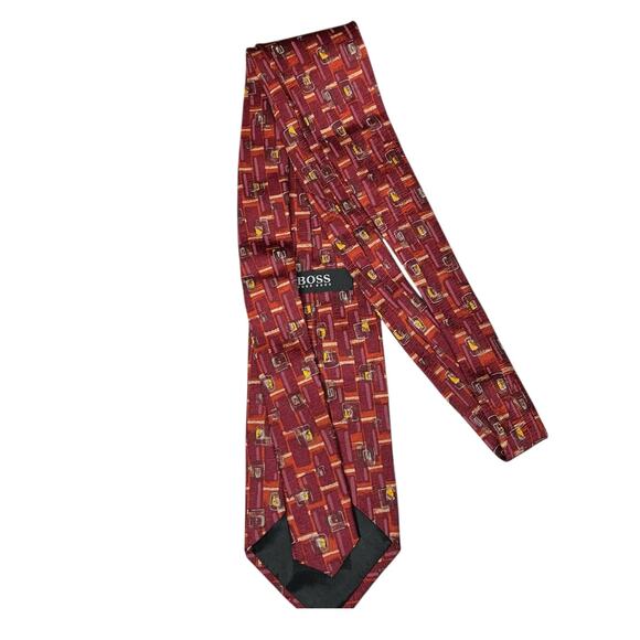 Boss Hugo Boss Neck Tie Mens Maroon Orange Silk Geometric Classic Preppy Italy - Picture 4 of 8